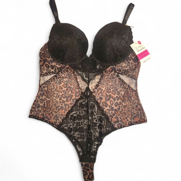 Curve Necessities 2X Sheer Lace Bodysuit w/ Demi Bra & Thong Leopard Print Black - Picture 1 of 9